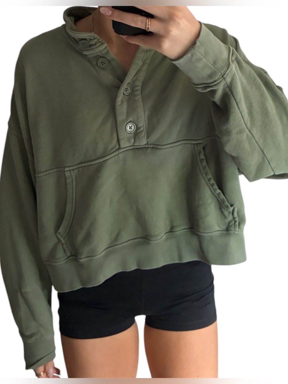 Aerie Olive Green Henley Button Cropped Pullover Sweatshirt S